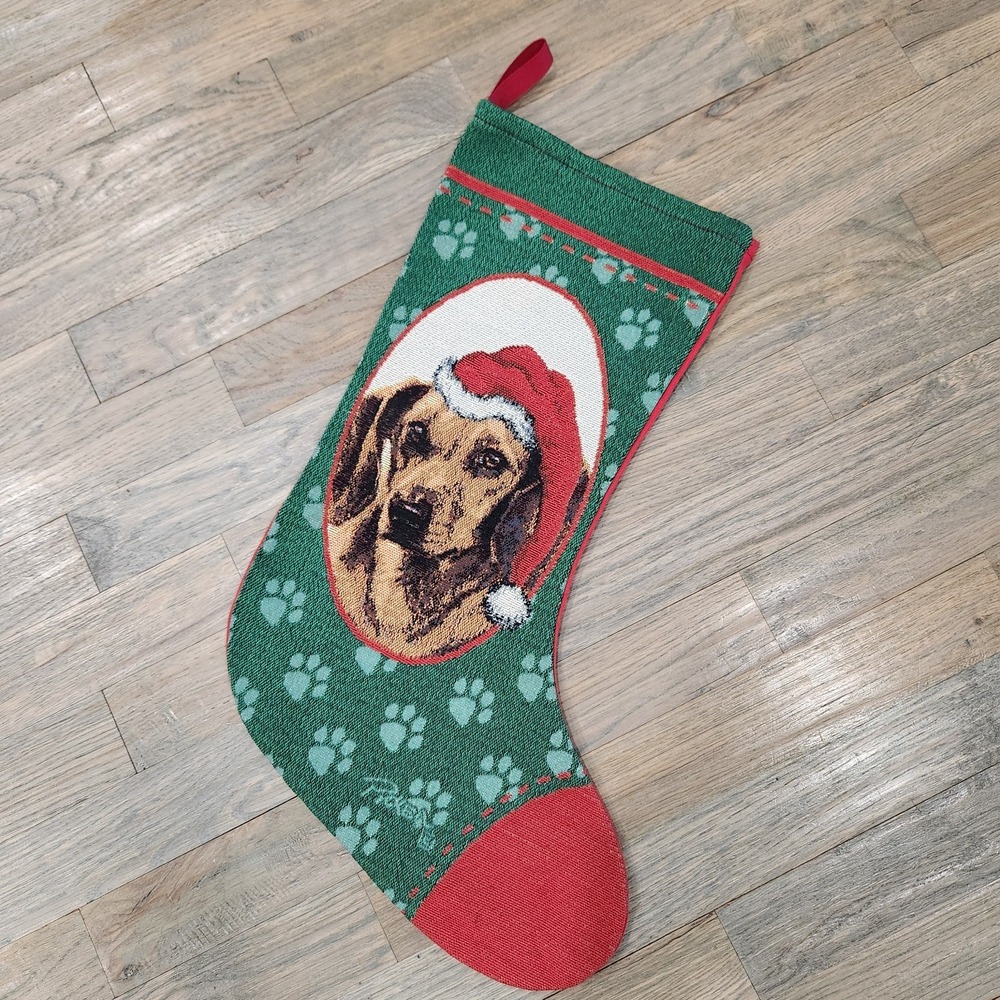 Tan Dachshund Weiner Dog Christmas Tapestry Stocking Red Green Paw Print Picken - Picture 13 of 13
